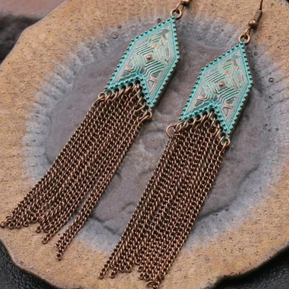 Bohemian Turquoise Bronze Tassel Drop Earrings - Picture 2 of 6